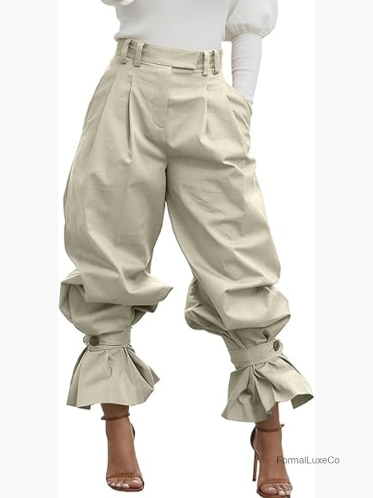 Wide Leg Pleated Dress Pants High Waist Ruffle Harem Balloon Slacks Cropped